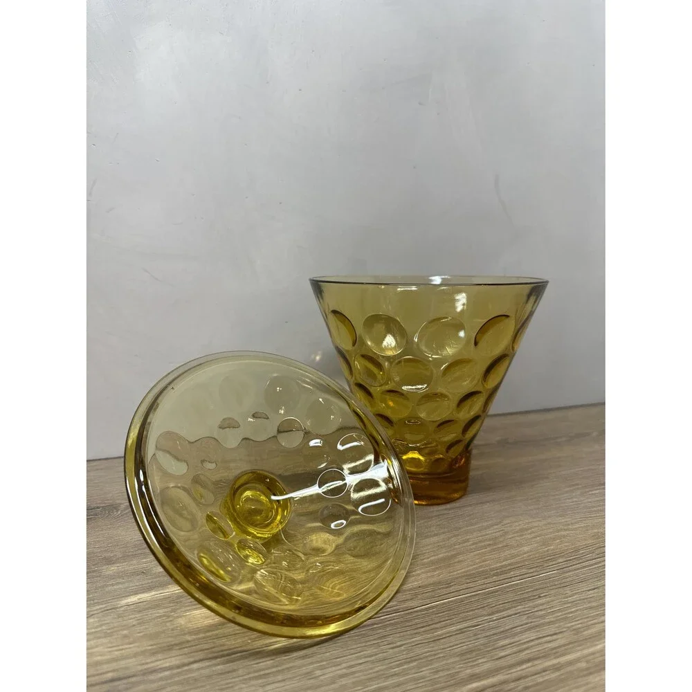 Vintage 1960s Hazel Atlas Eldorado Amber Glass Covered Candy Dish, Coin Dot Text